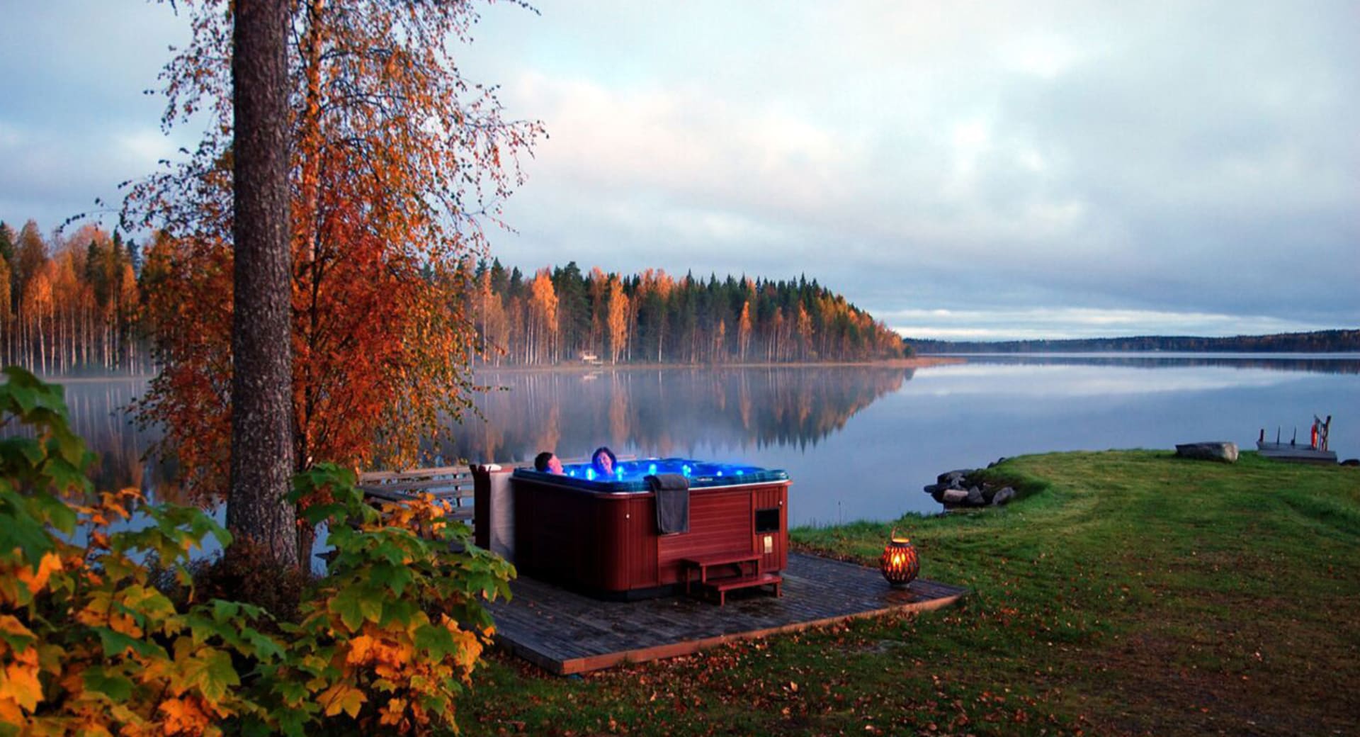 Outdoor hot tub lake view