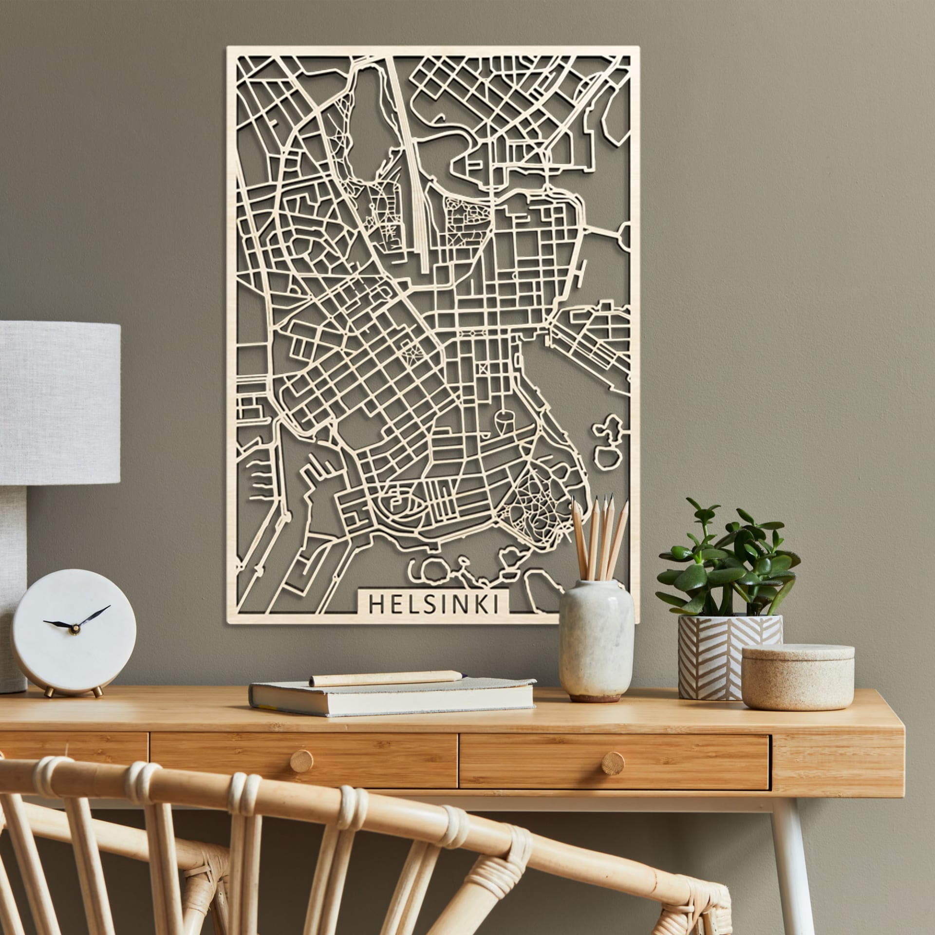 Wooden city map, over 400 cities