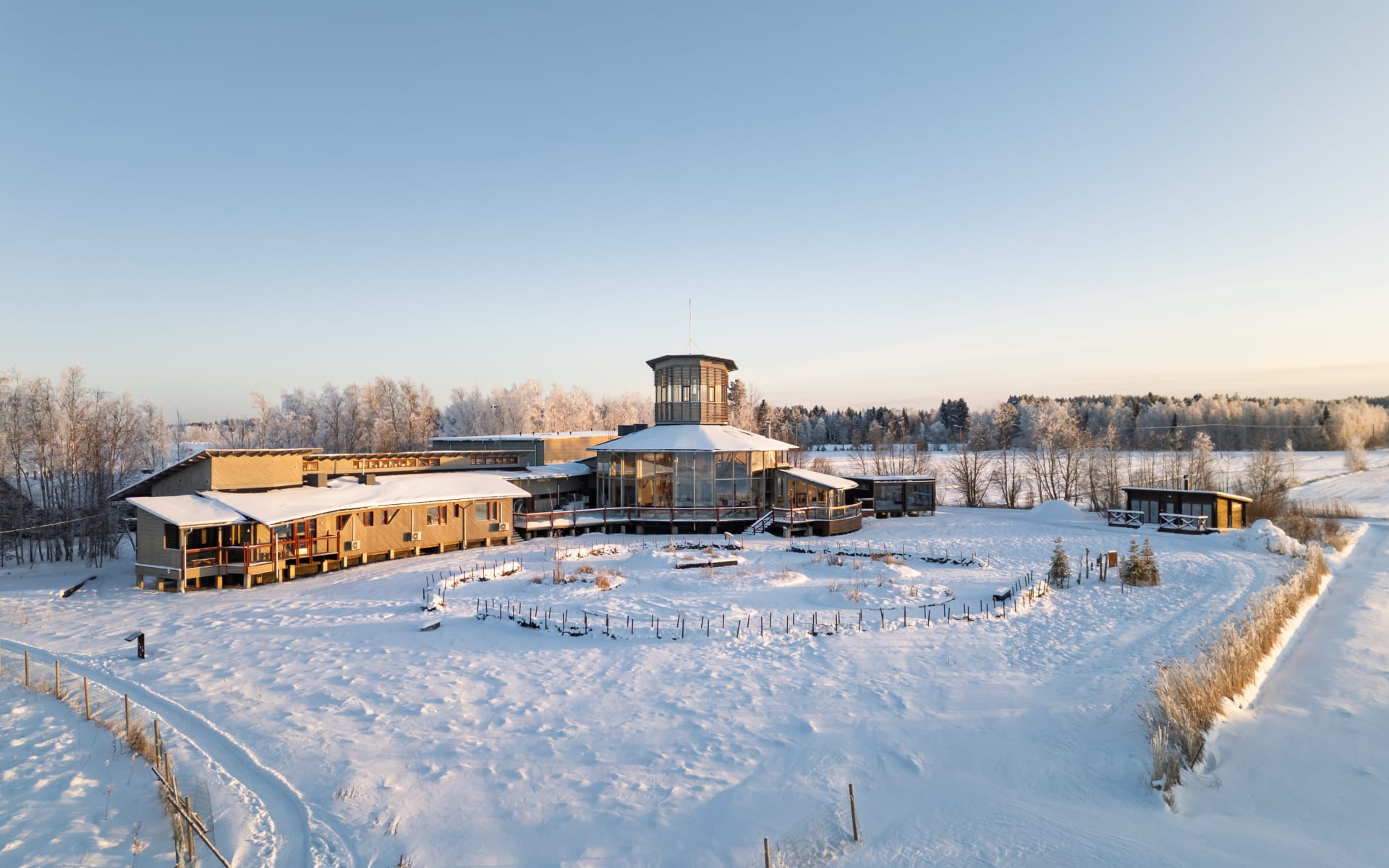 Liminka Bay Resort restaurant and hotel building from bird perspective.