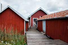 Red fishing houses in the Finnish Archipelago.