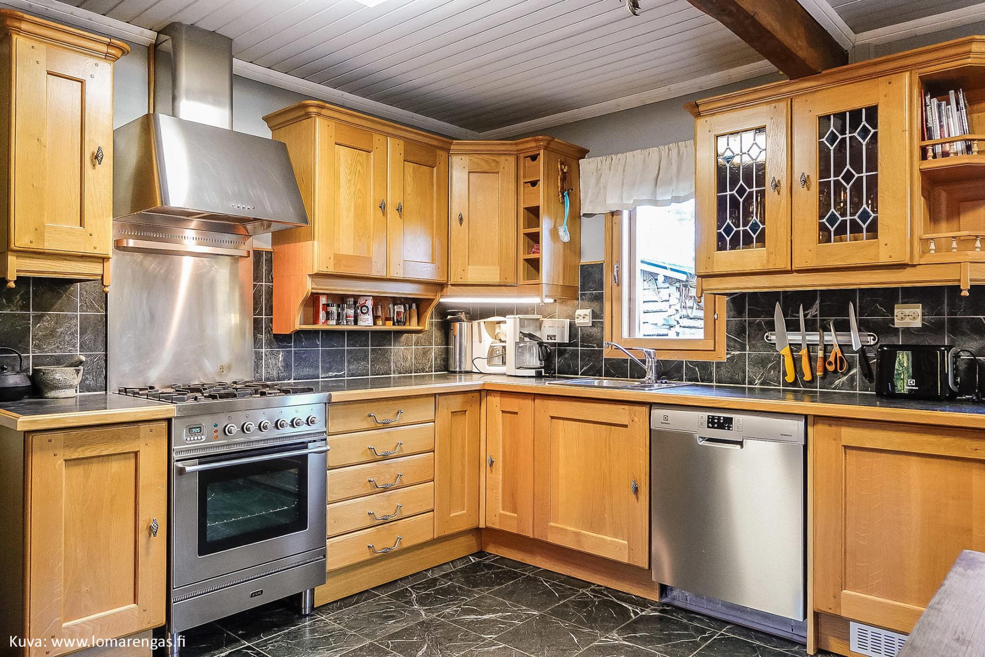 The well-equipped kitchen of the wilderness cabin.