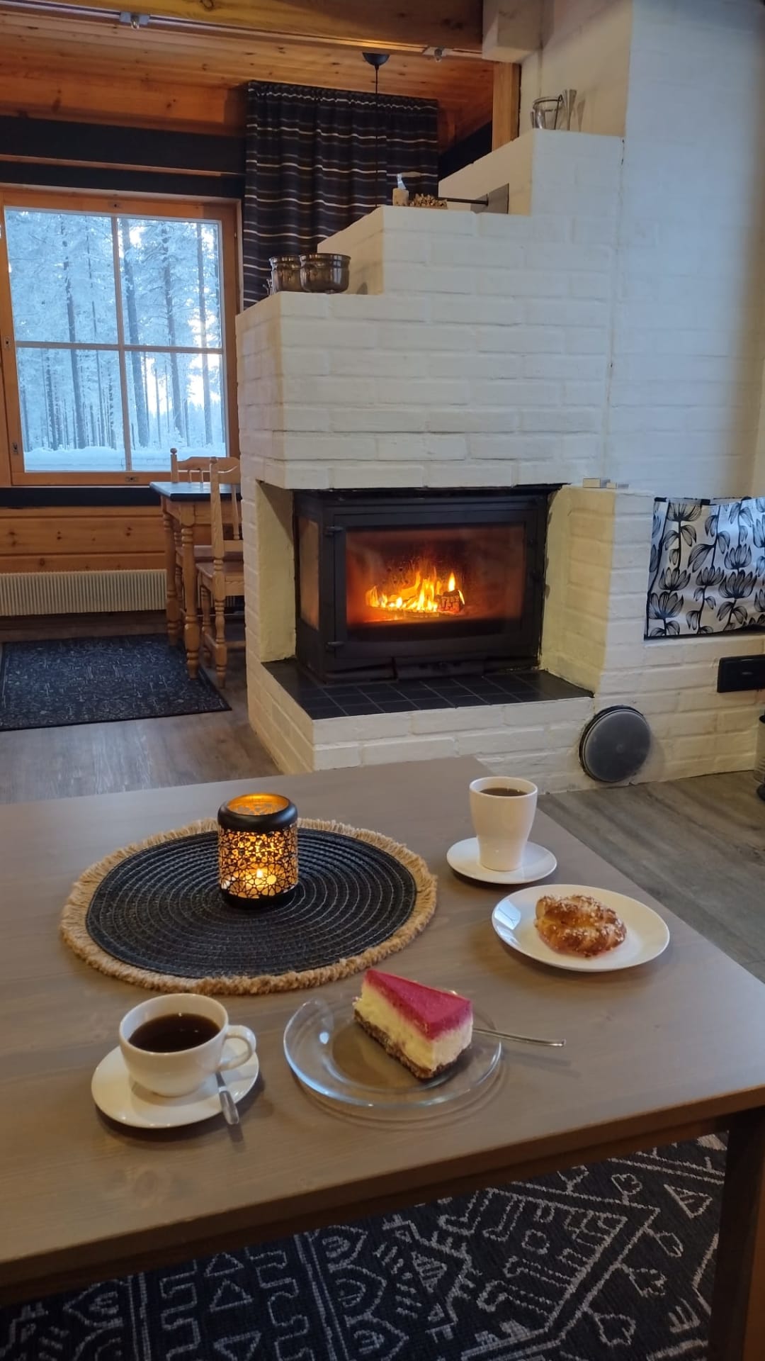 Cozy coffee brake by the fireplace.