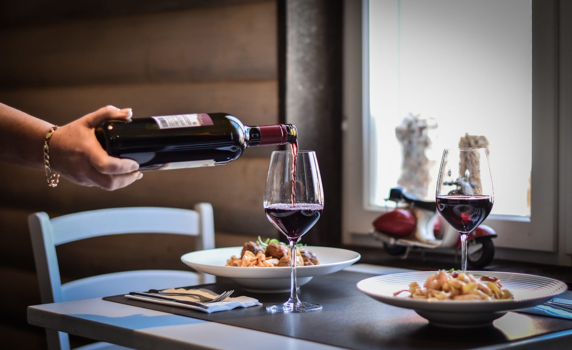 Pasta dishes and house red wine. Pasta dishes and house red wine.