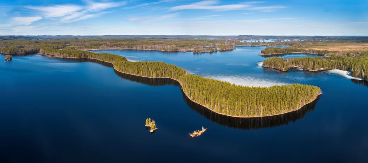Metsäinen järvimaisema. Etualalla pitkulainen niemi. Kuva: Timo Nieminen