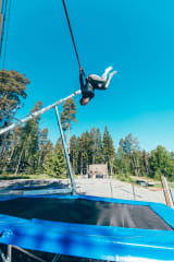 Nainen tekee takaperin volttia Bungee-trampoliinilla.