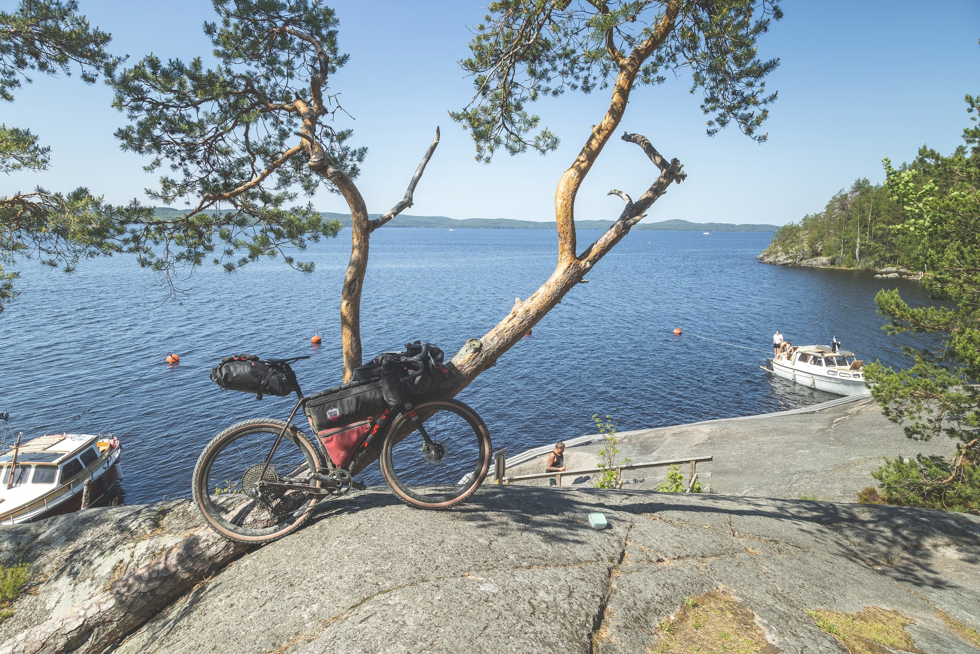 Pyörä nojaamassa puuhun rantakalliolla kesällä.