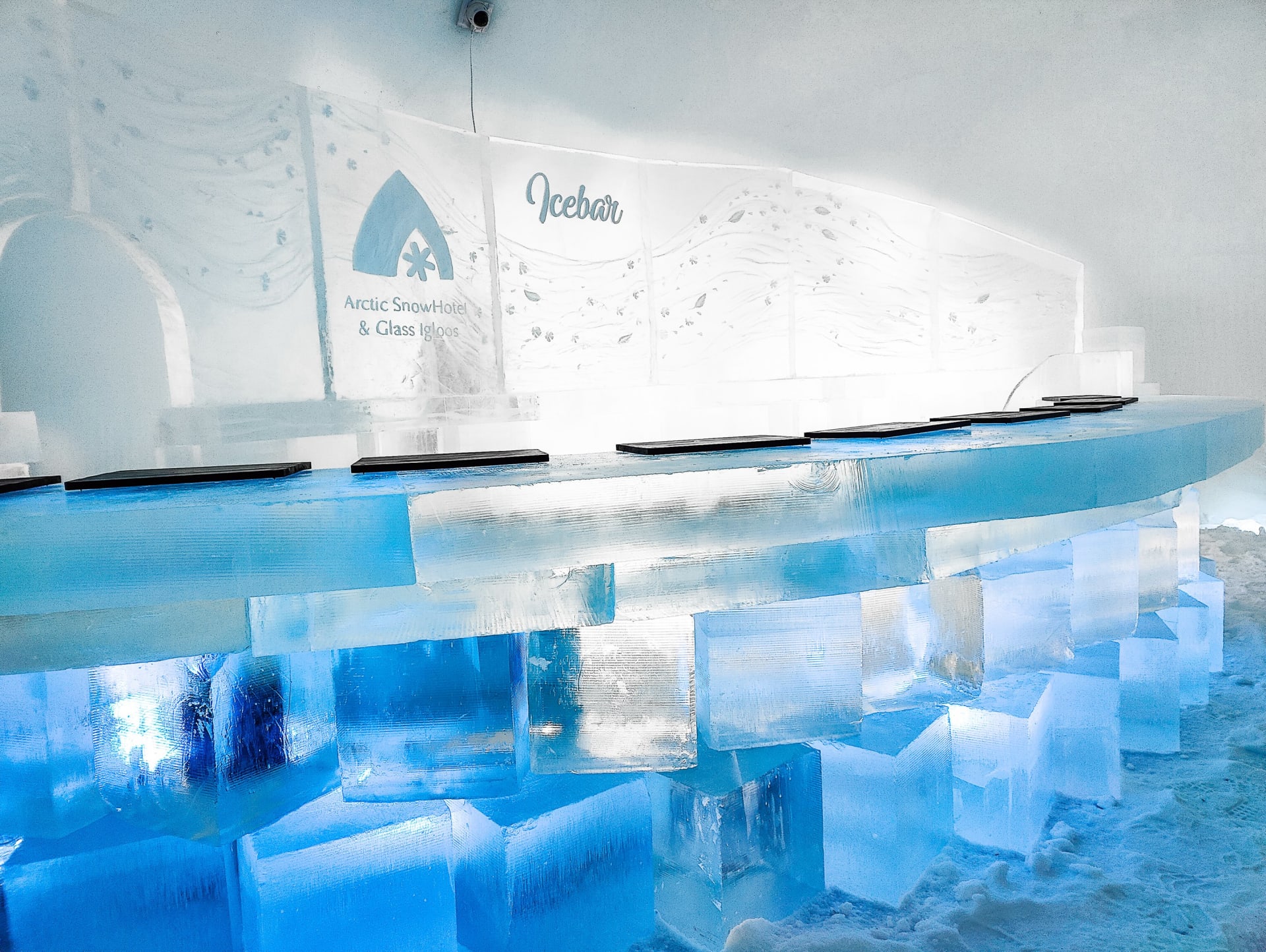 Ice bar inside the Arctic SnowHotel in Rovaniemi, Lapland, Finland