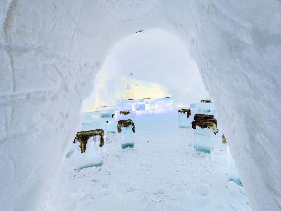 Ice bar inside the Arctic SnowHotel in Rovaniemi, Lapland, Finland
