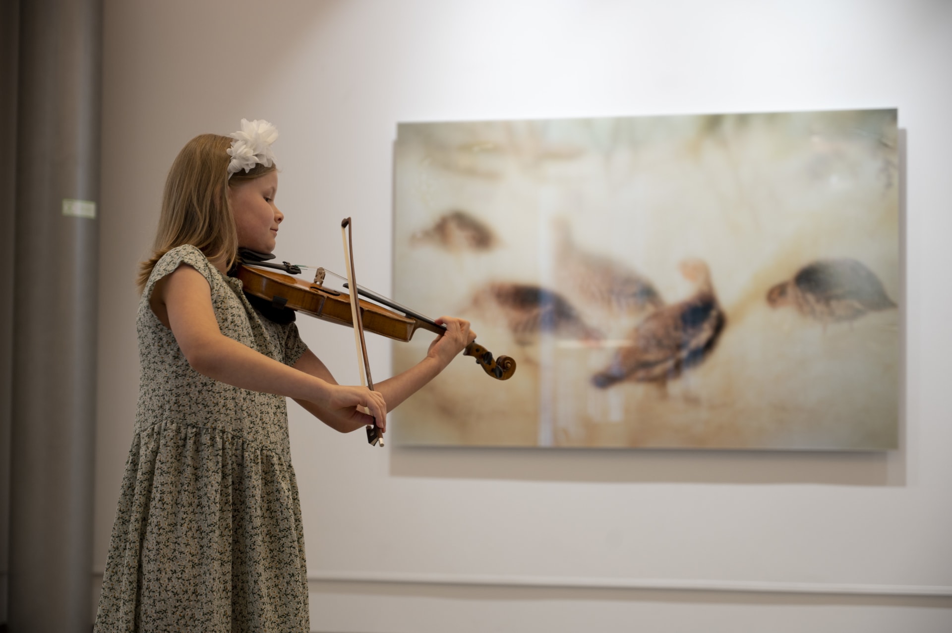 a girl plays the violin, a picture on the wall in the background