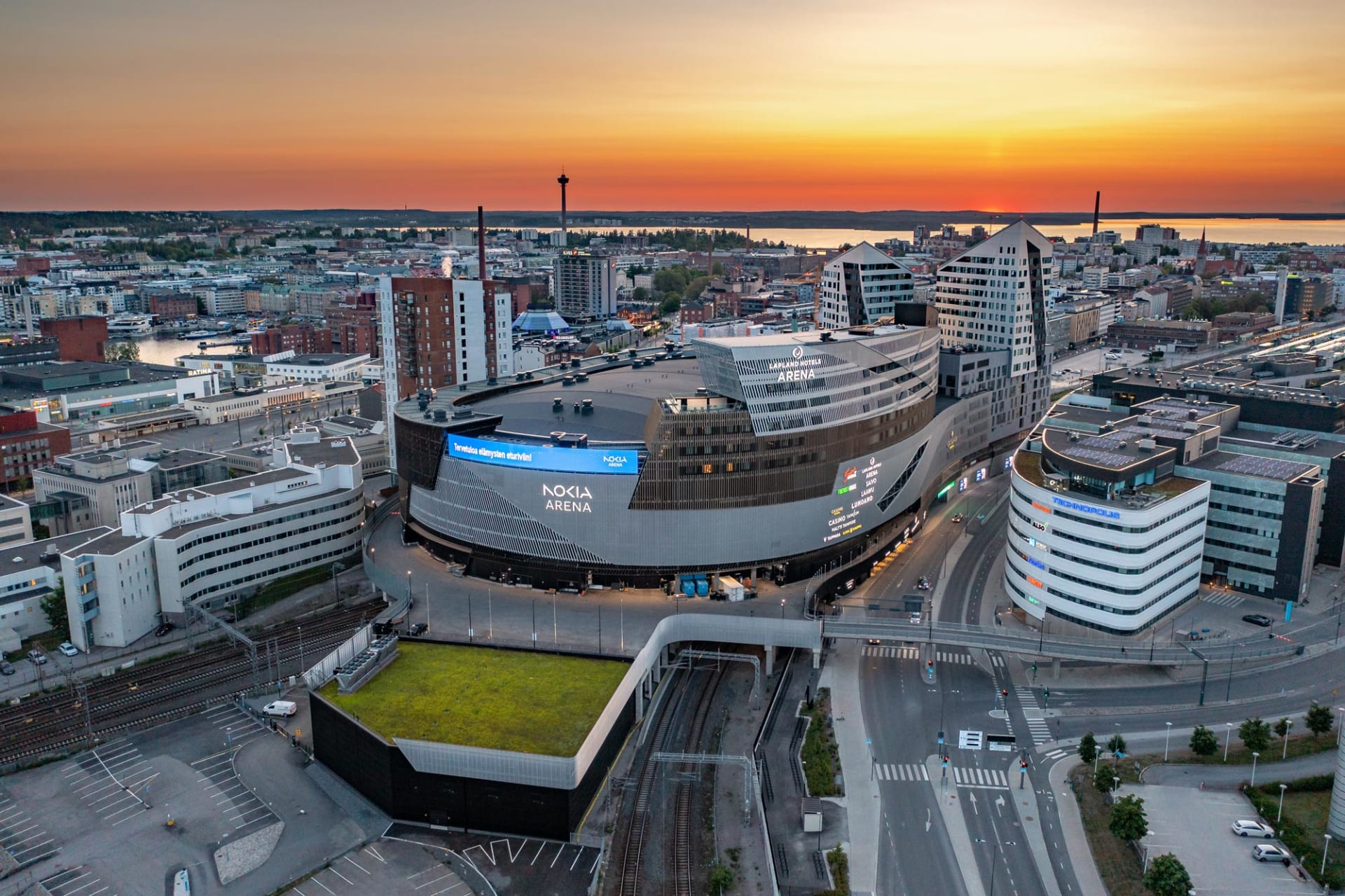 Aerial photo of Nokia Arena at sunset