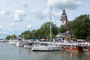 Naantali church and guest harbour boats