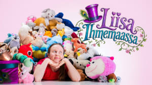 A woman lies among colorful stuffed animals. The image features the text “Liisa Ihmemaassa” and a purple top hat. The background is pink.