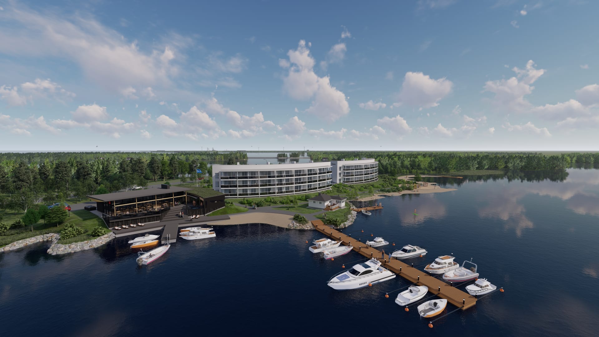 Havainnekuva kesäkuussa 2025 avautuvasta Hickarö Resortista venelaitureineen.
