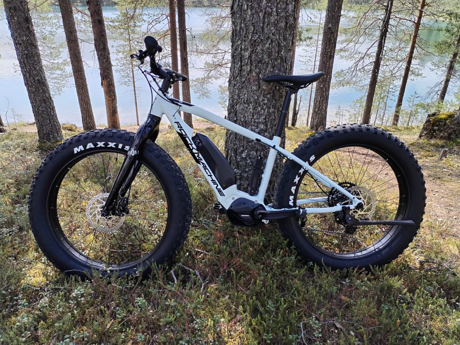 E-Fatbike Rock Machine Vyöry E50R nojaa puuhun Huosilammen rannalla