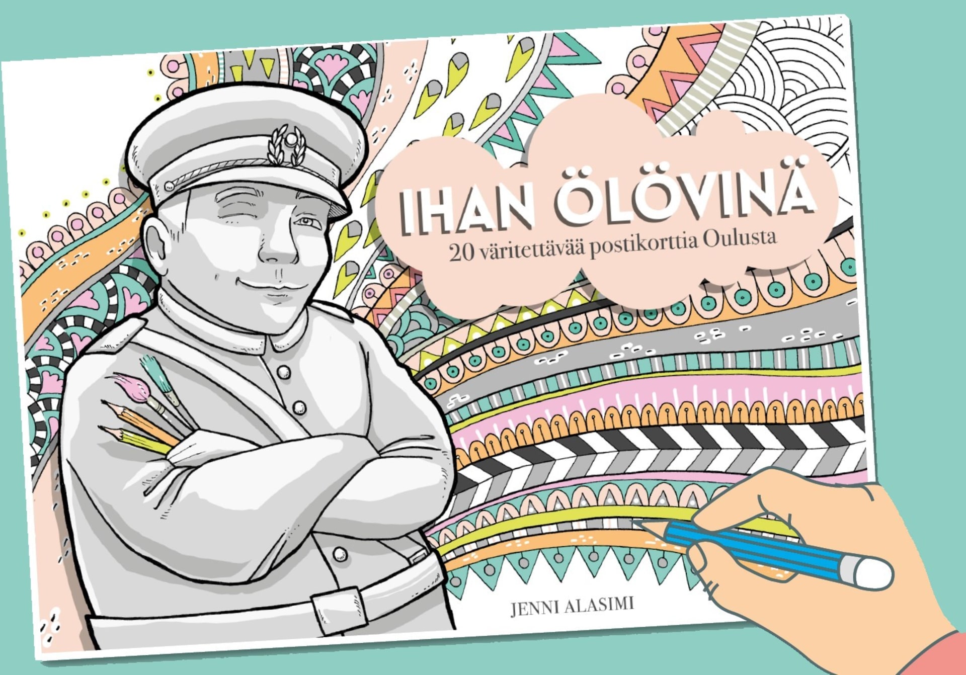 Postcard-colouring book in OuluShop.