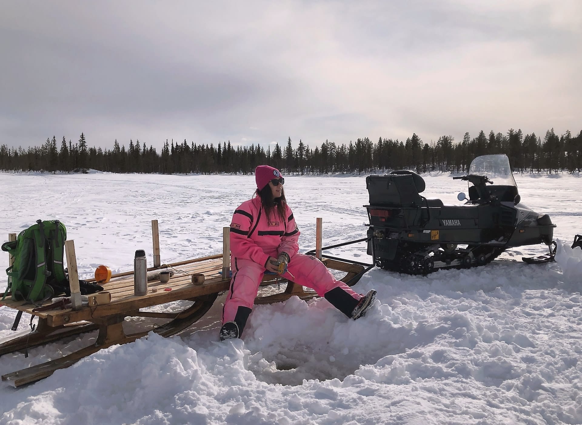 Ice fishing by the lake