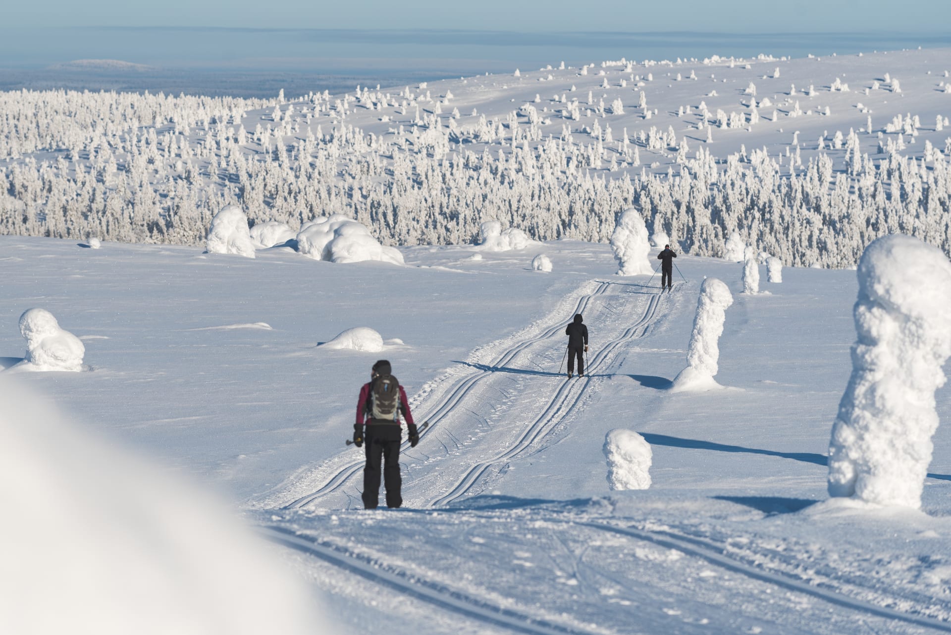 Kolme hiihtäjää hiihtää ladulla Kukastunturilla Pallas-Yllästunturin kansallispuistossa. Taustalla talvinen tunturimaisema. Kuva: MuskoVisuals
