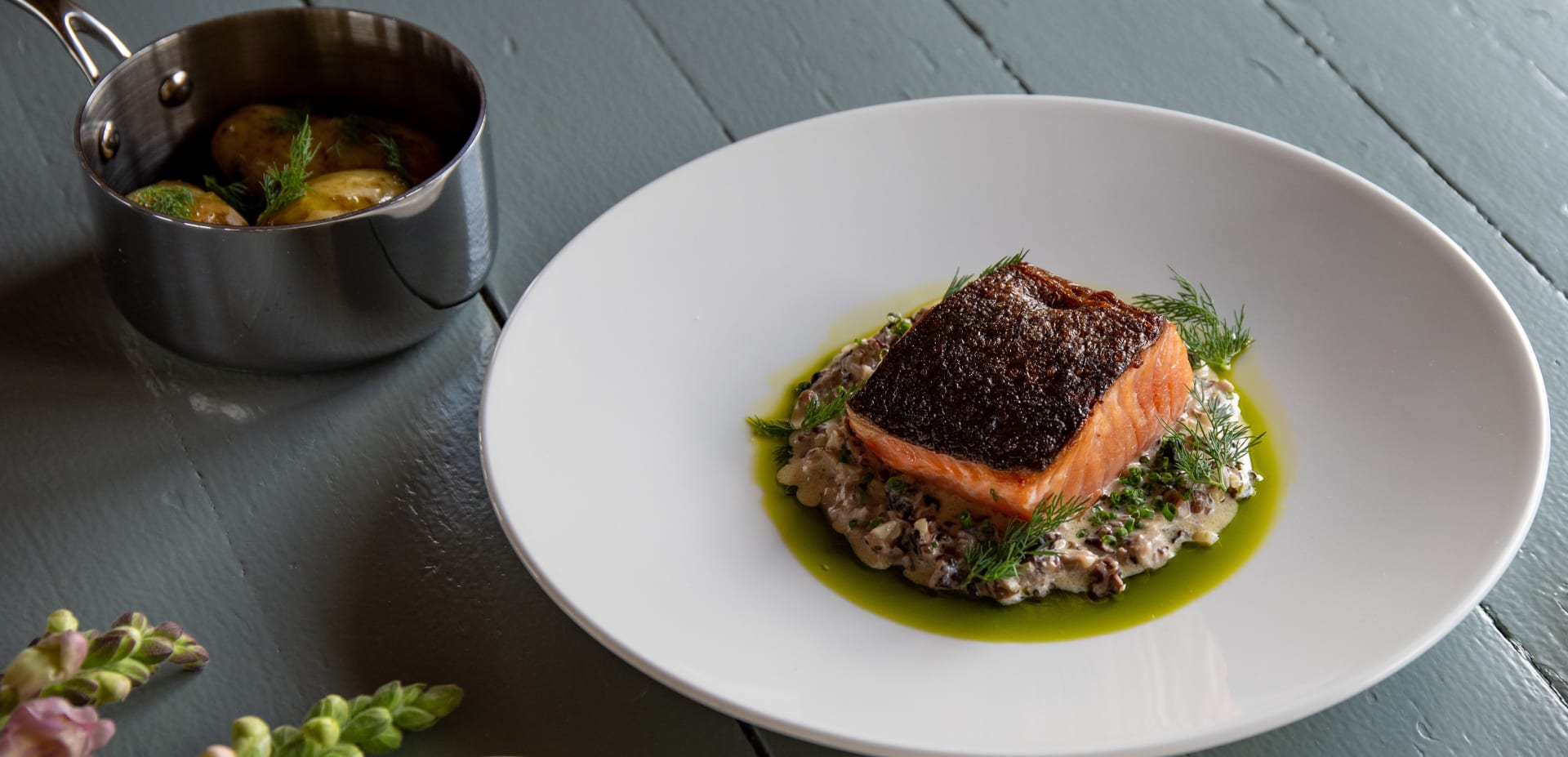Smoked salmon, spring potatoes and morel sauce