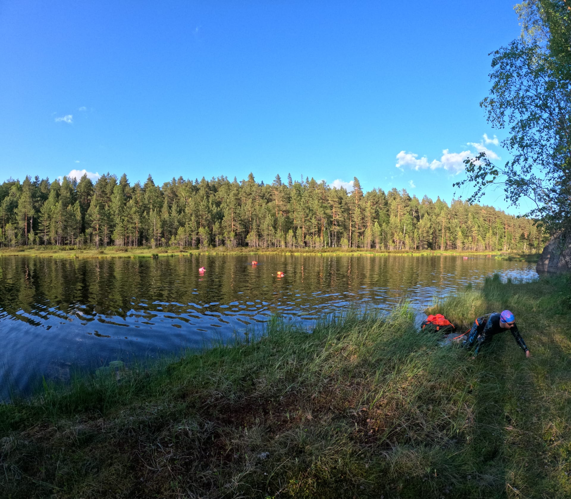 A man is getting up from the lake to the swamp