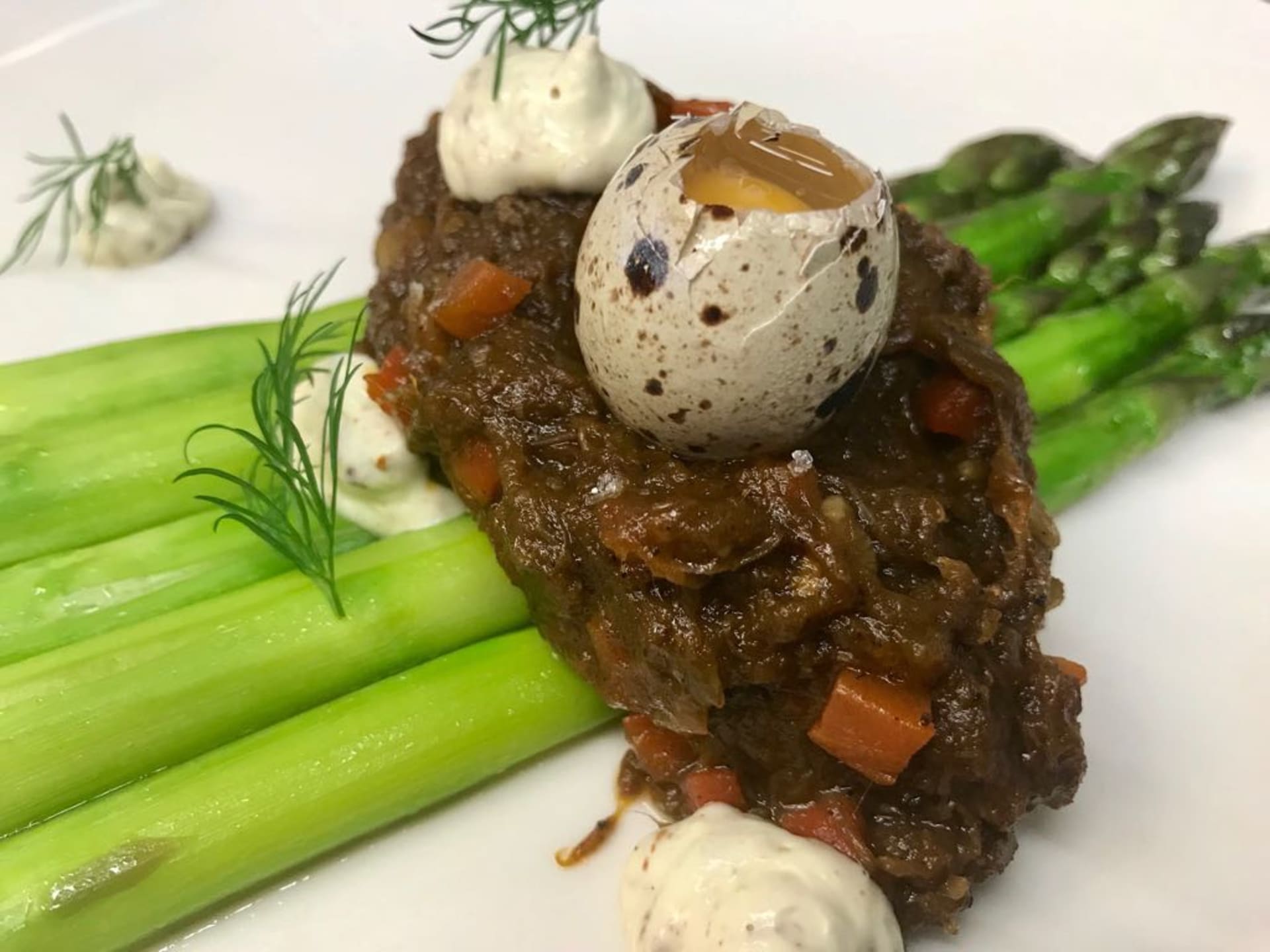 Asparagus, duck rague and quail egg.