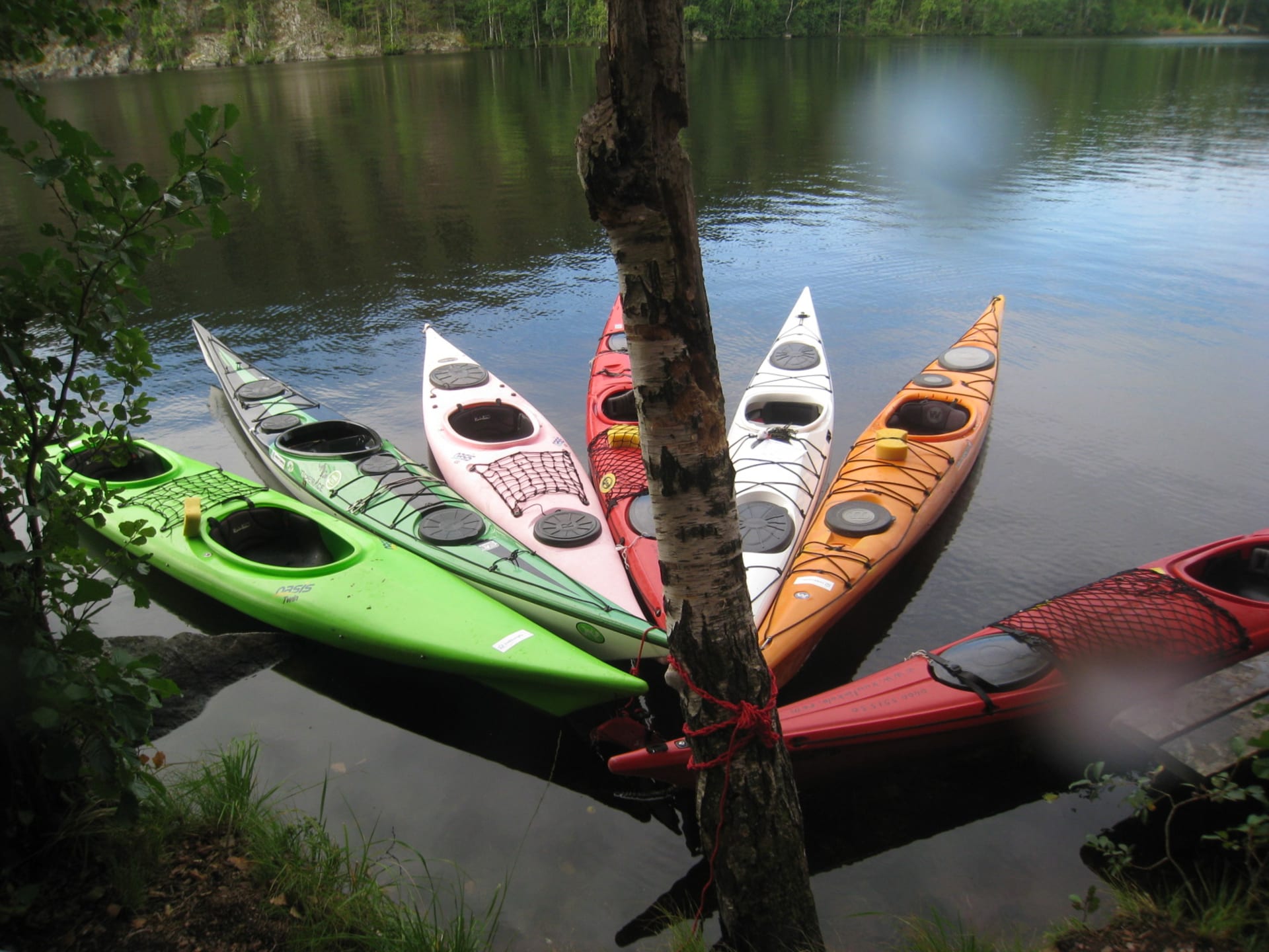 Seven different coloured kayaks floating on the water.