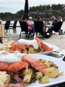 A plate of salmon and potato salad in focus, with people dining in the background, enjoying the waterfront setting.