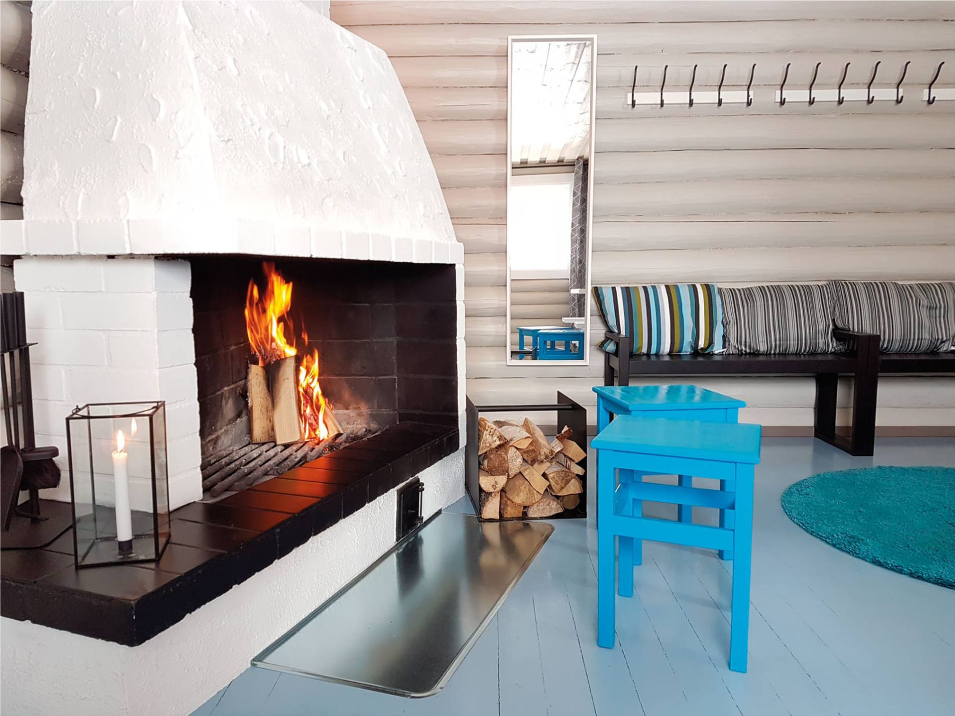 Our big sauna has a fireplace too.