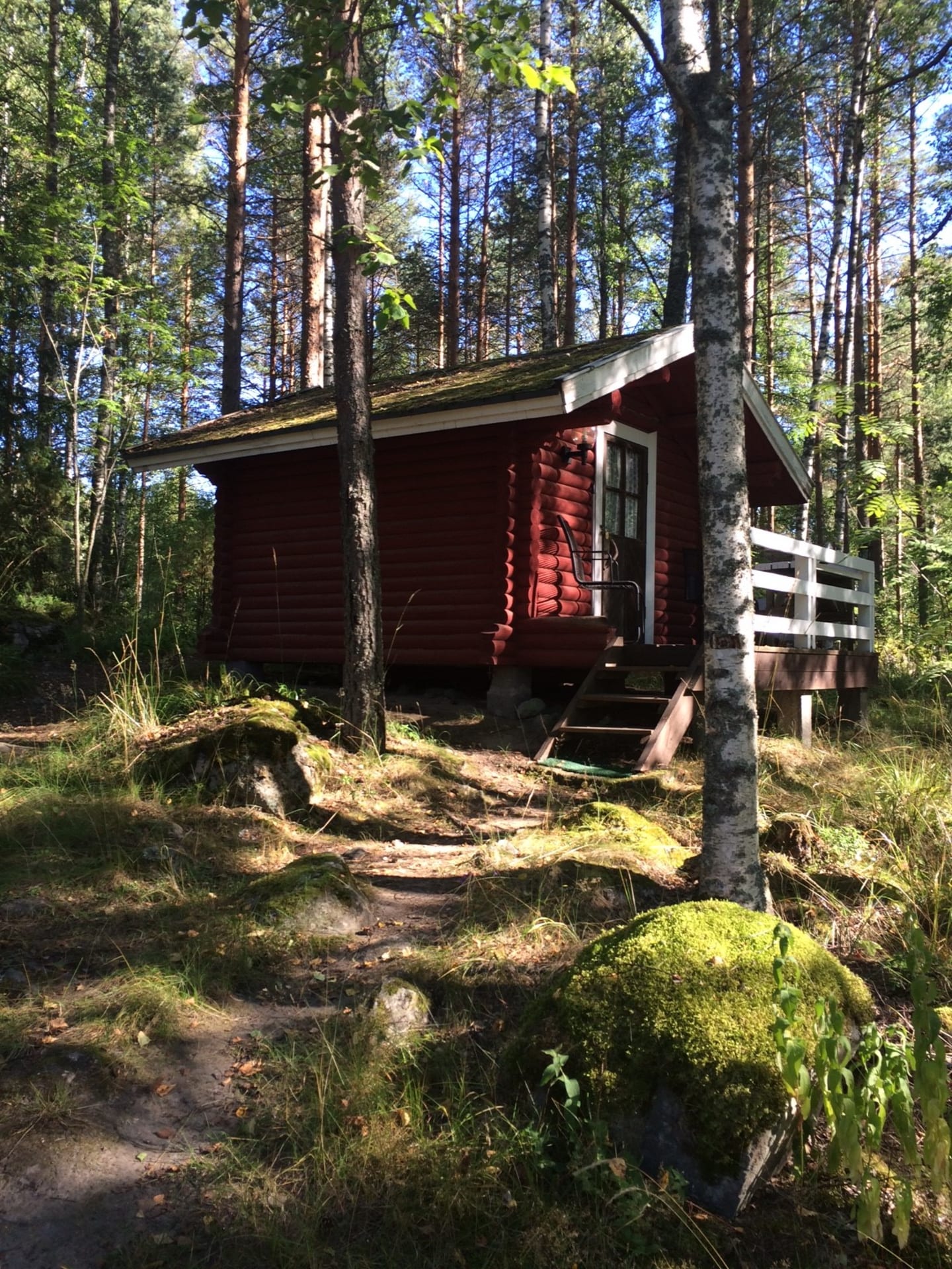 The cottages are surrounded by trees. Punaiset aitat ovat keskellä luontoa.