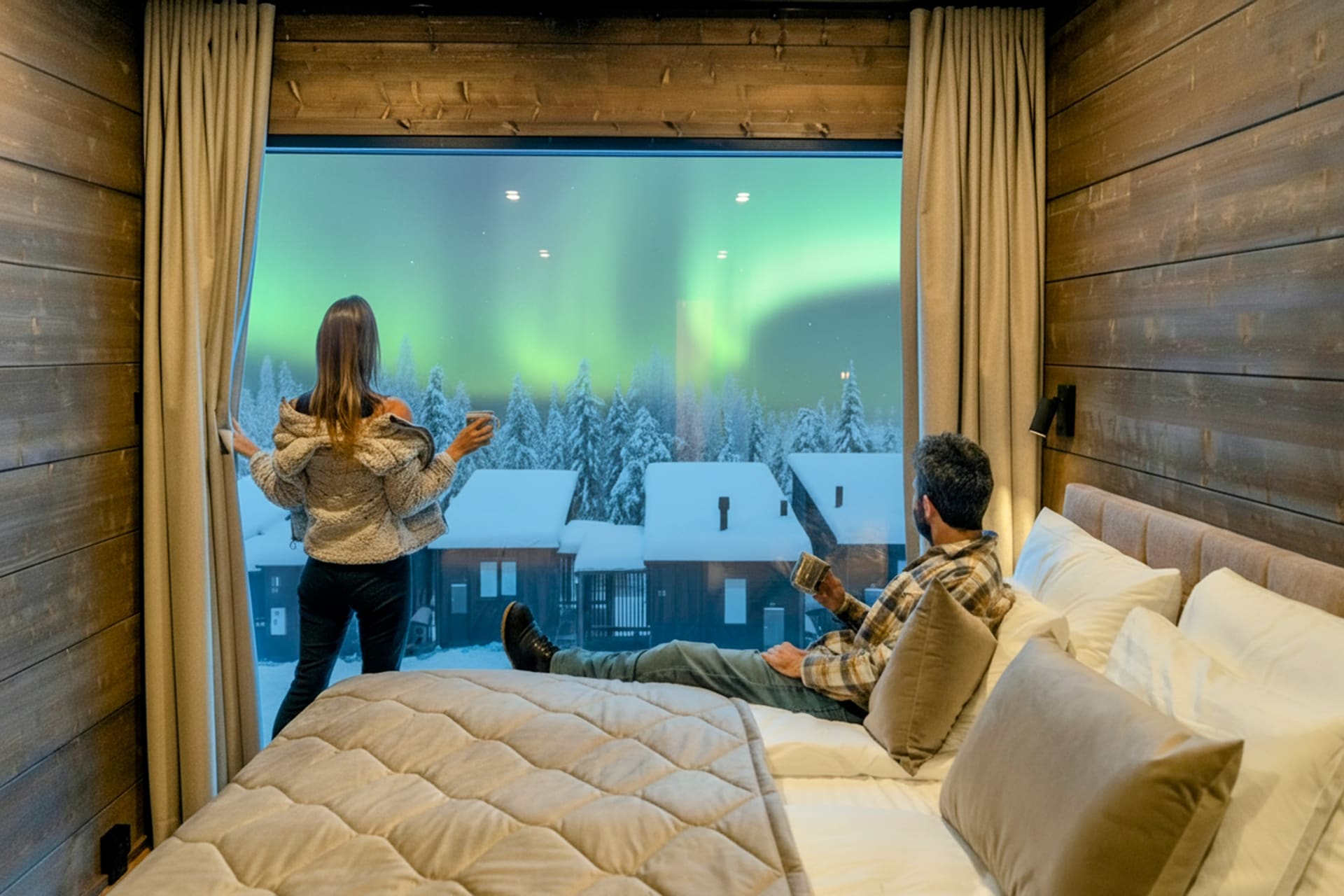 At Arctic Panorama Resort, the chalets feature floor-to-ceiling windows designed for breathtaking views of the Northern Lights and the Arctic wilderness.
