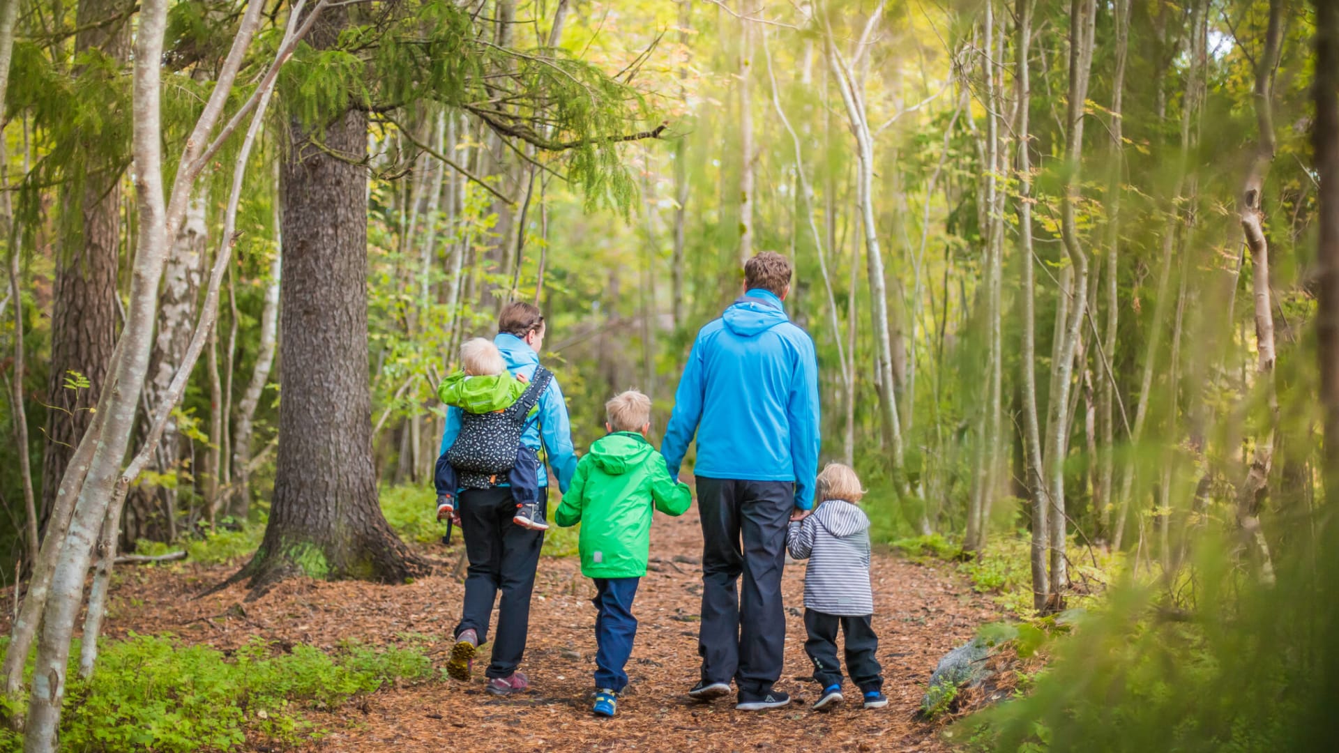 Kolmilapsinen perhe kävelee Maatialanharjun luontopolkua.