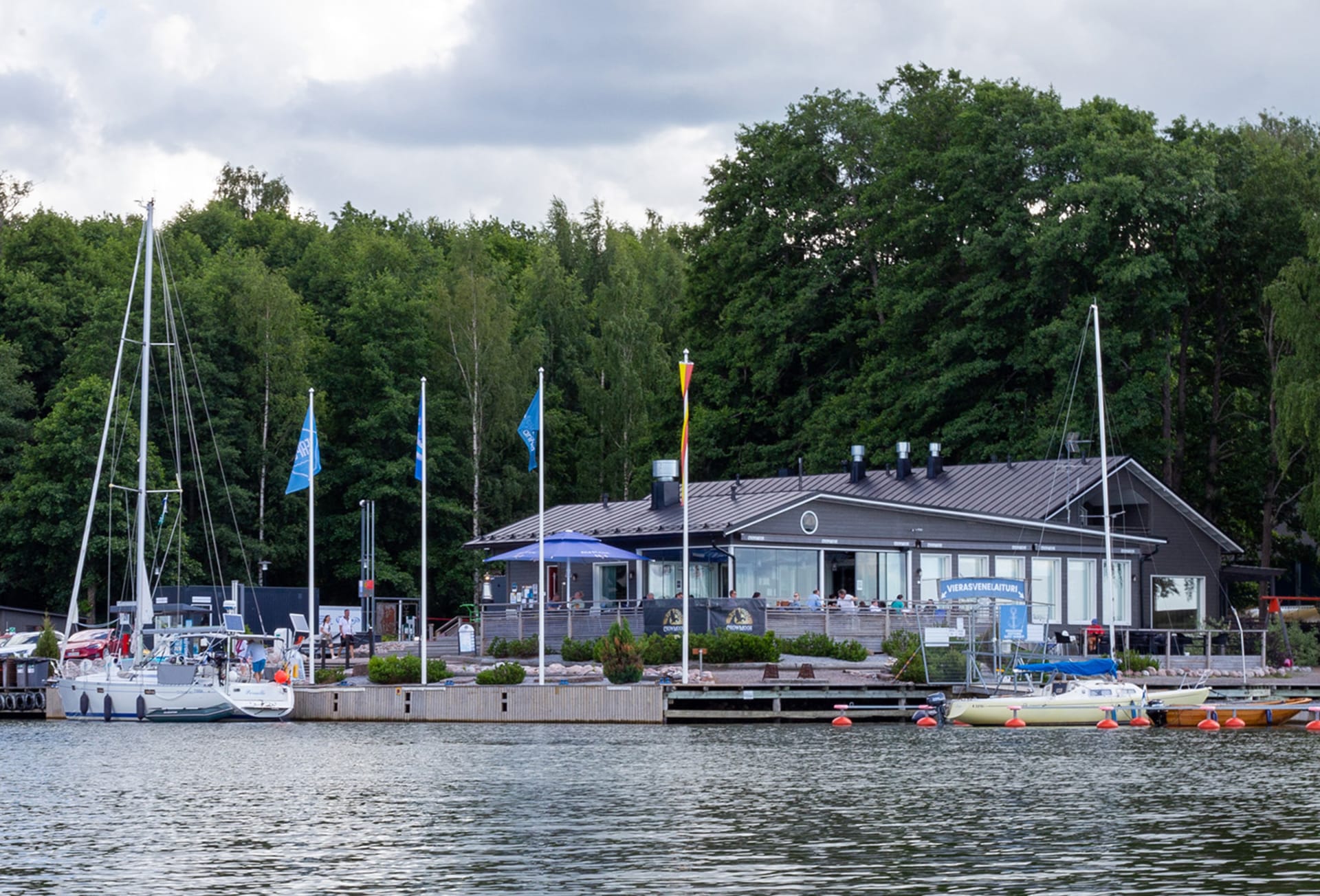 Harbour, terrace and gas station.