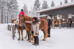 Group enjoying winter trail riding experience in Lapland