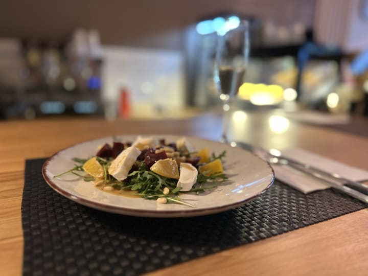 Beetroot salad with goat cheese and orange, dressed with a honey mustard dressing. Punajuurisalaatti vuohenjuustolla ja appelsiinilla, hunaja-sinappikastikkeella.