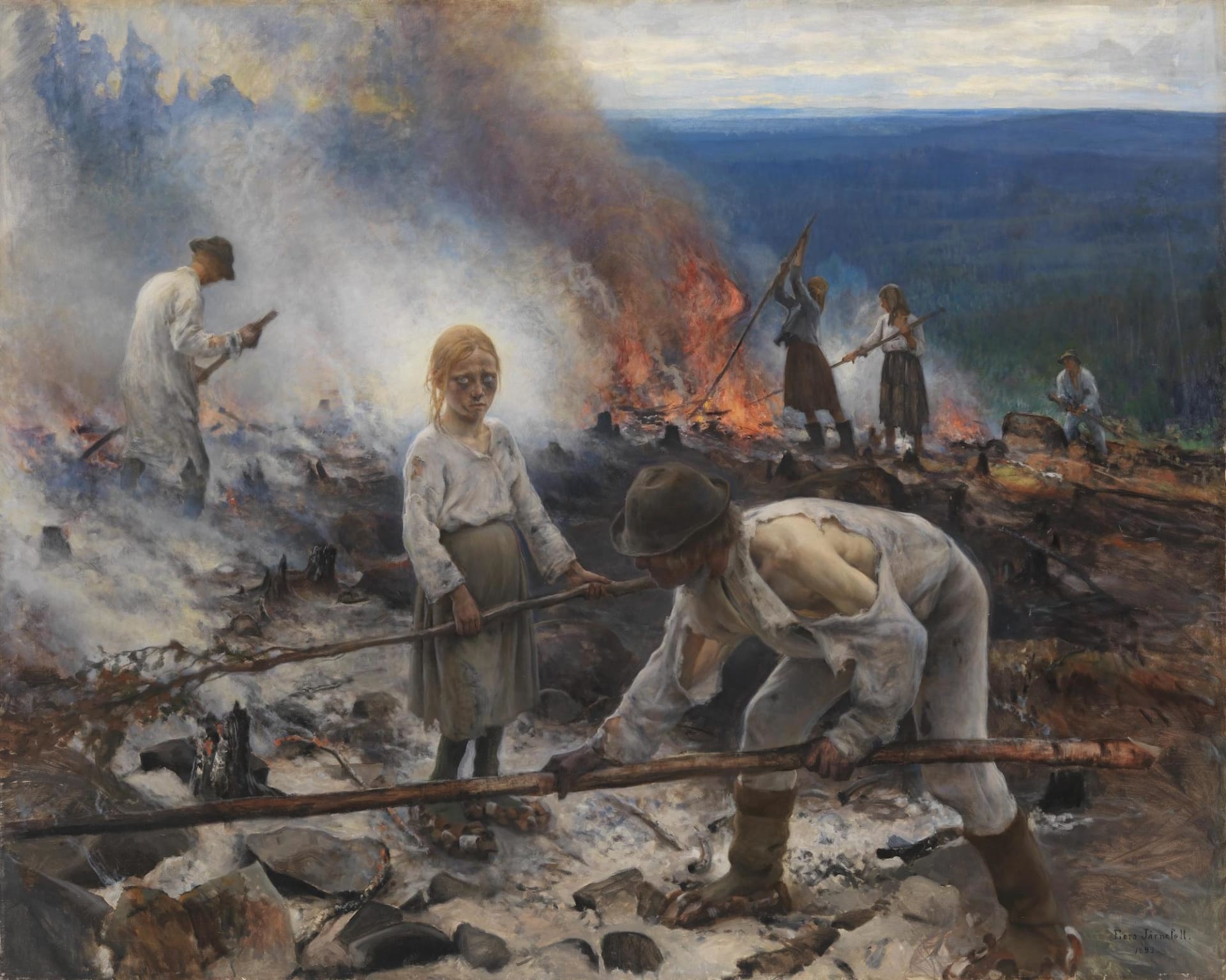 The work depicts the burning of the Brushwood. In the middle of the picture a young girl is looking towards.