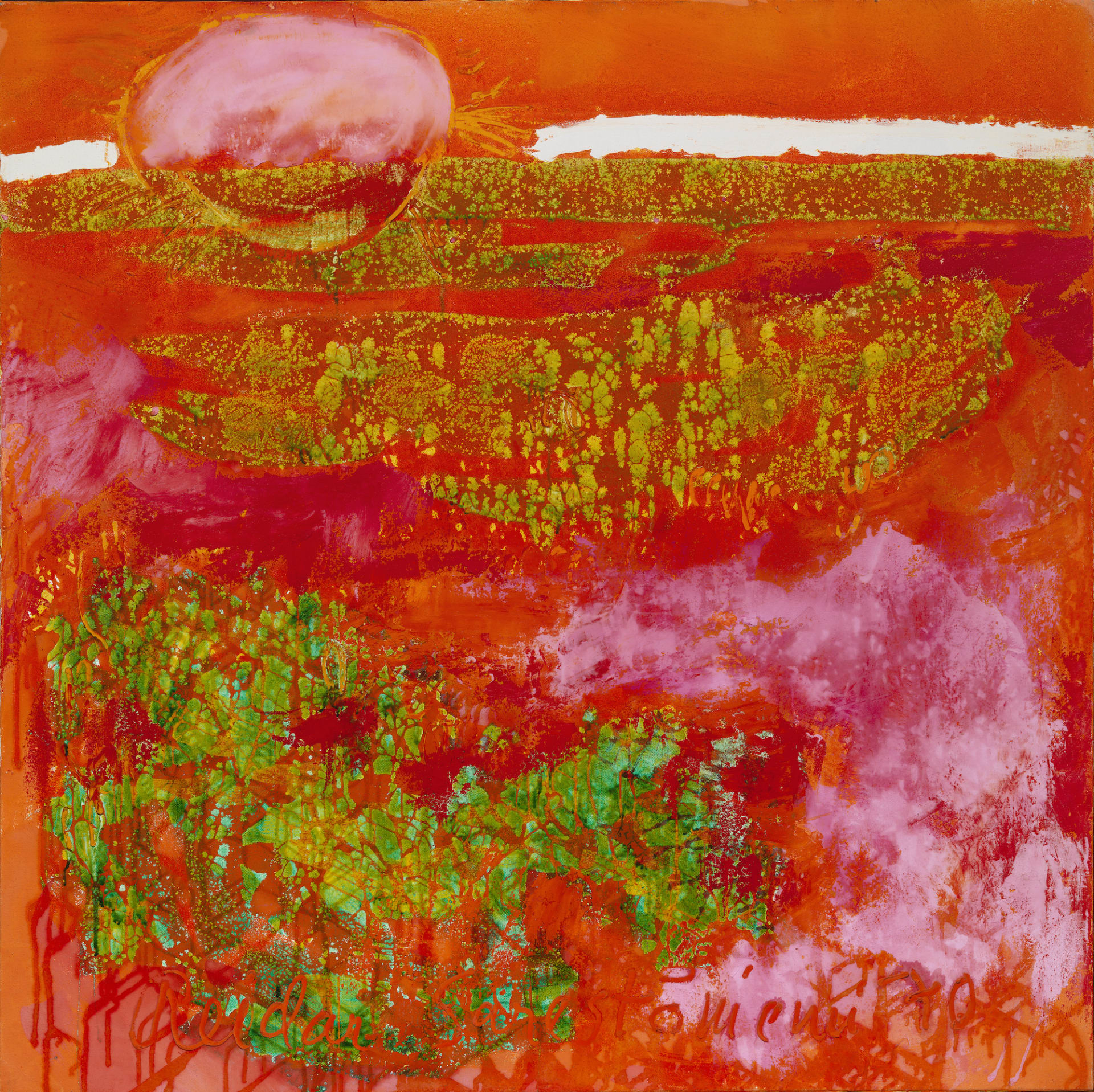 A painting in red colour scheme, a stylized depiction of bog with few trees in the north of Finland.