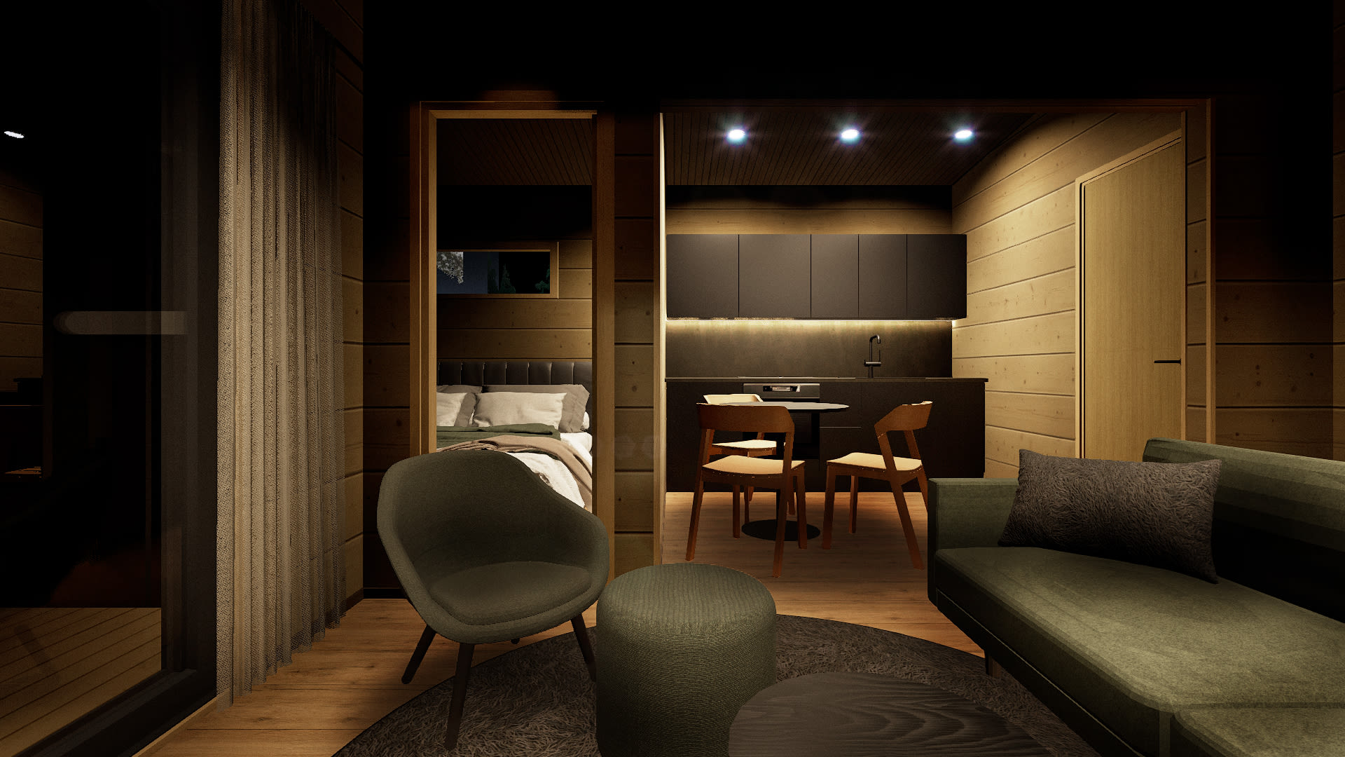 Lakeside Chalet for 2 living room / kithen