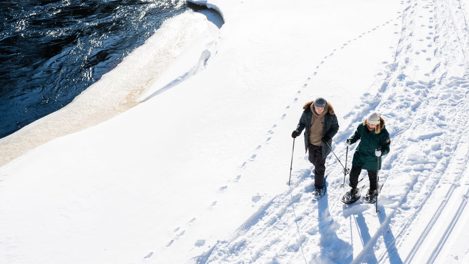 Snowshoeing on a lake