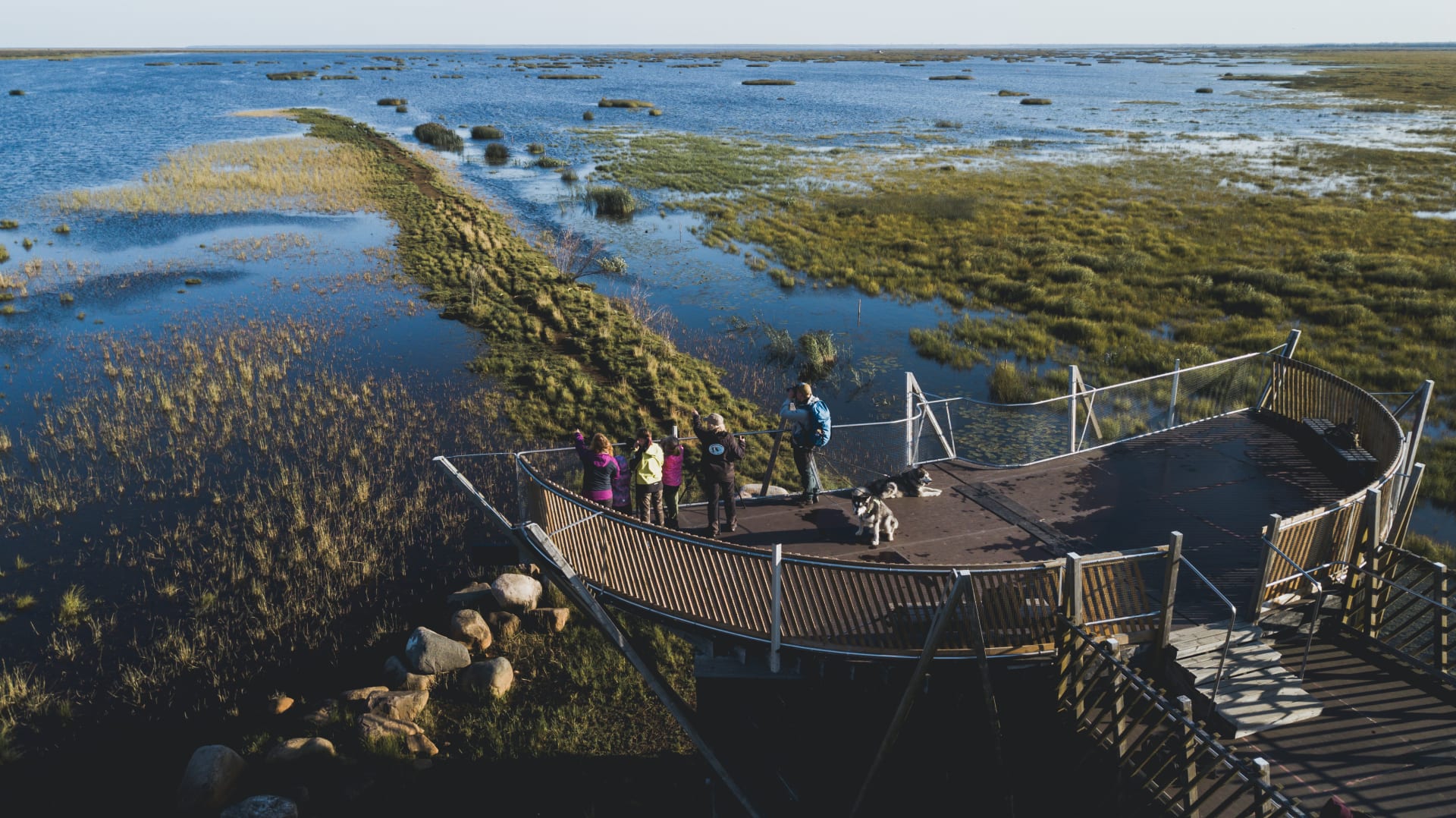 Birdwatching tower at Liminka Bay and people watching the birds.