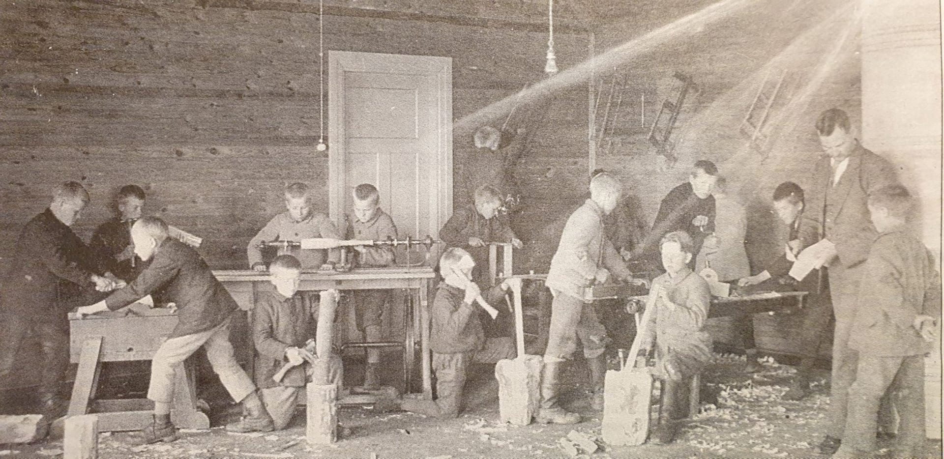 The boys' woodworking class upstairs in the 1930s