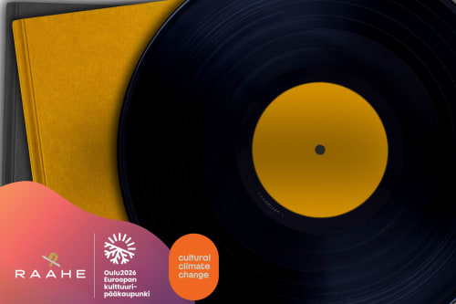 Raahen Kirja- ja levymessujen graafinen ilme, jossa kirja ja vinyylilevy.