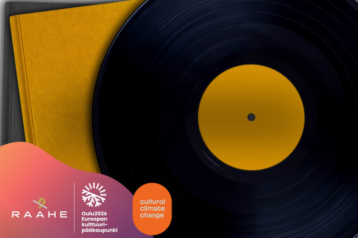 Raahen Kirja- ja levymessujen graafinen ilme, jossa kirja ja vinyylilevy.