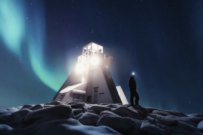 Northern lights abowe the Nallikari lighthouse.