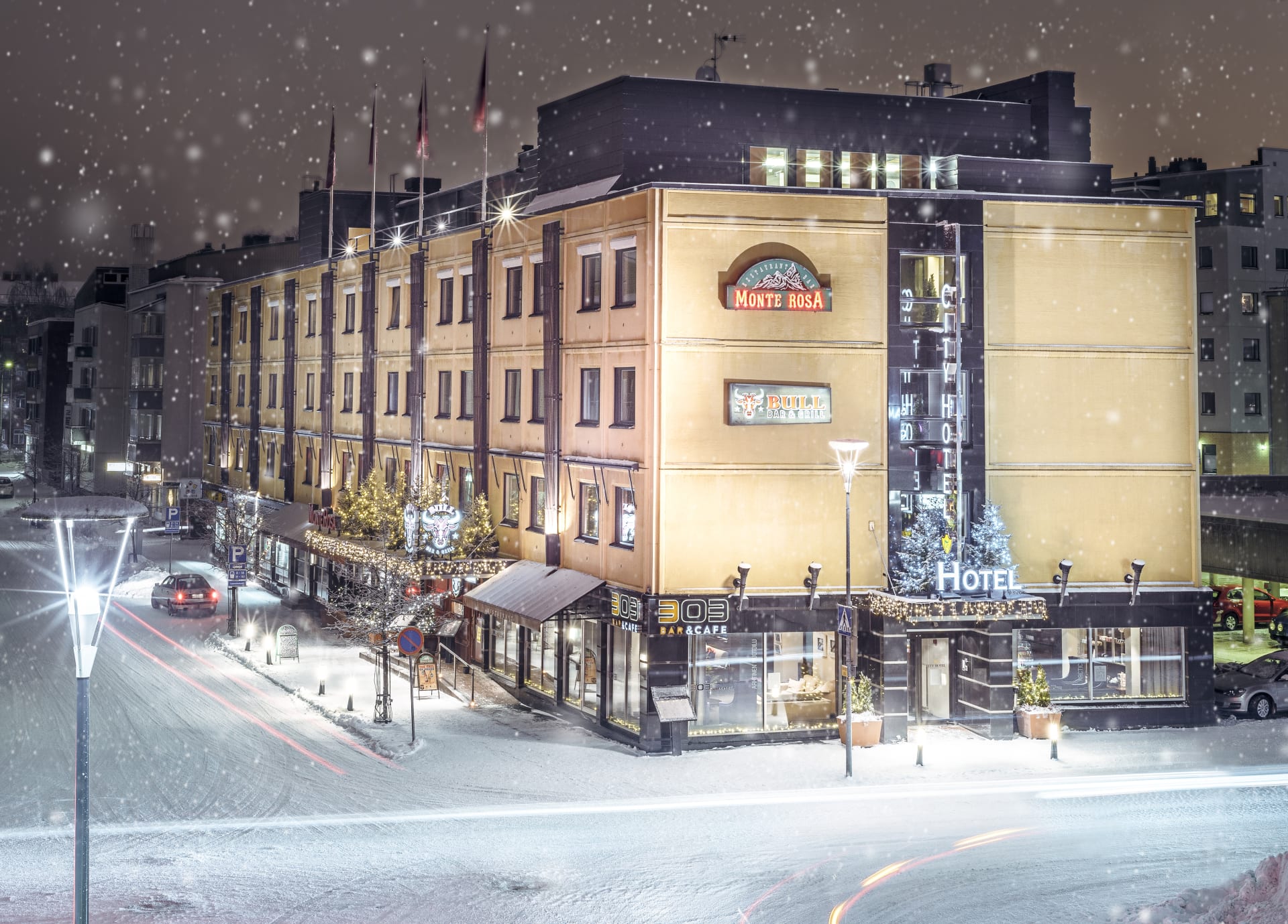 Hotel facade in winter