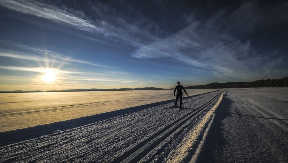 skiing on the frozen lake