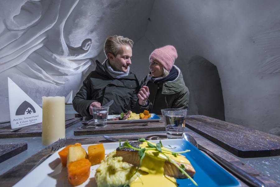 A couple eating at the Ice Restaurant.