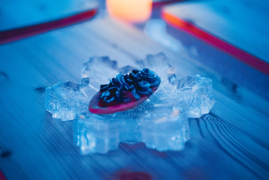Dessert served on a plate made of Ice.