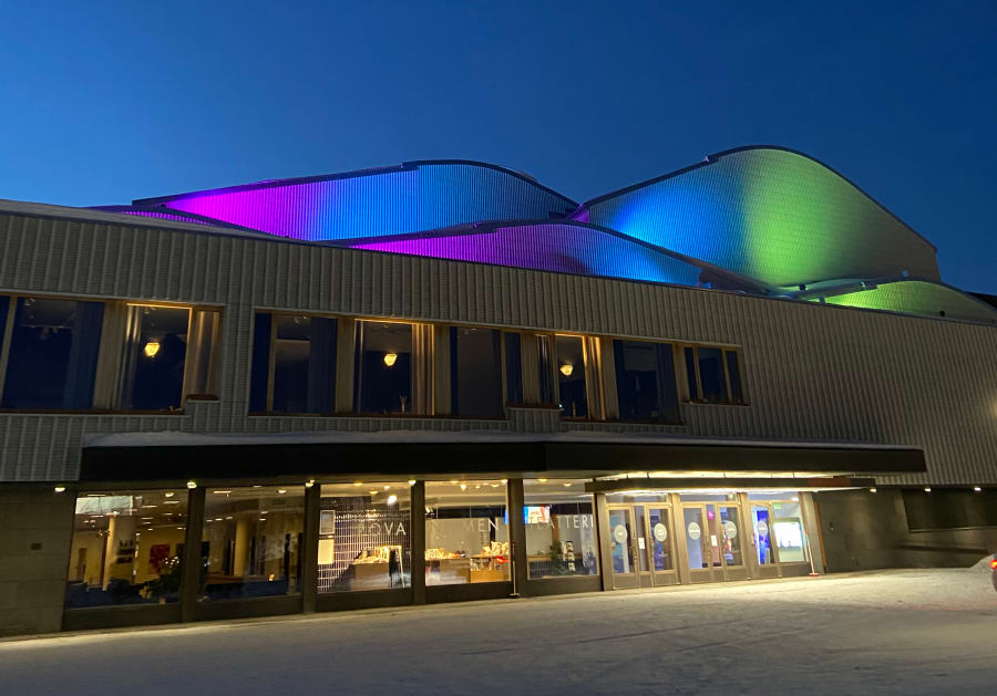 Rovaniemi Theatre with colourful lights