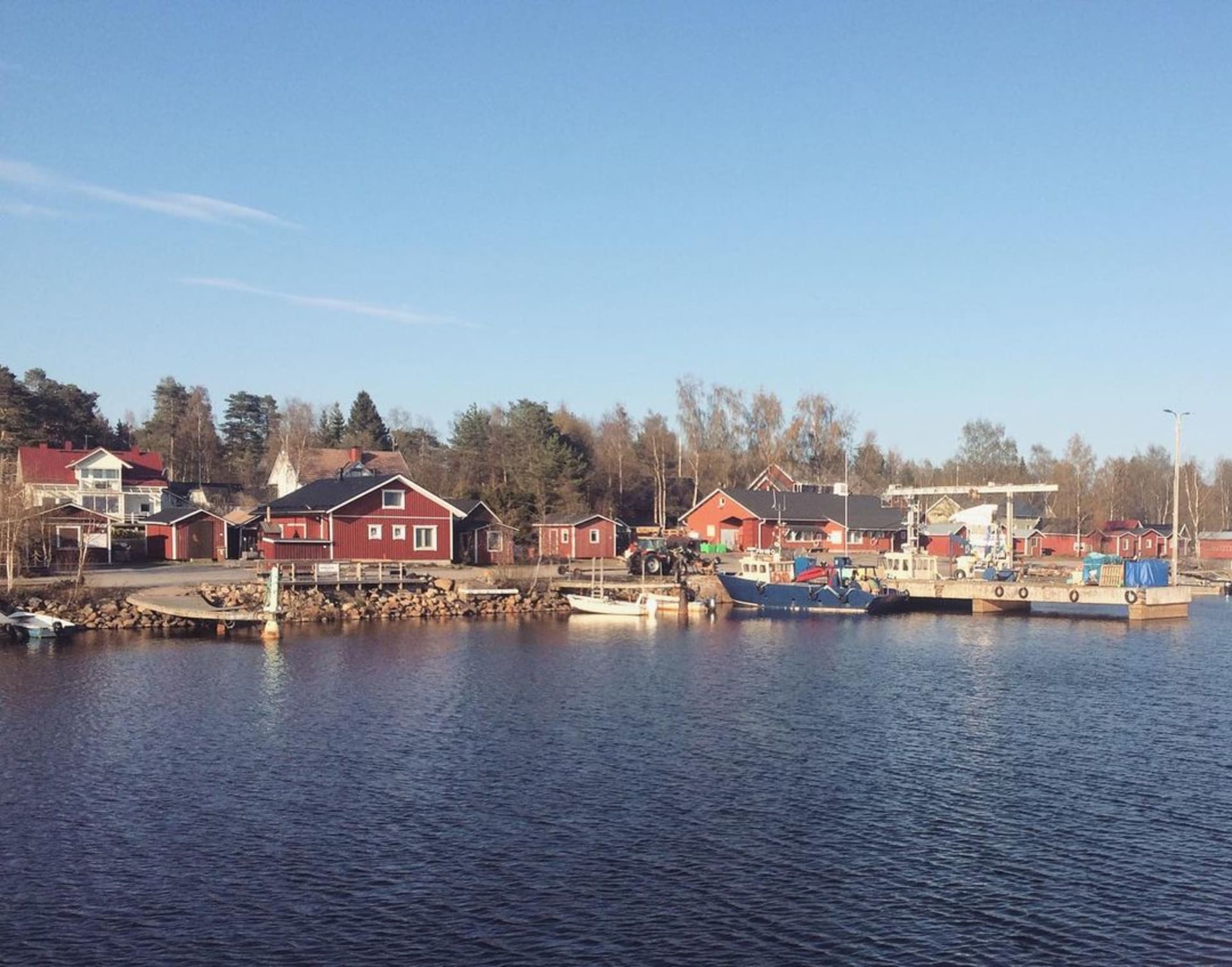 View of red buildings in the harbour.