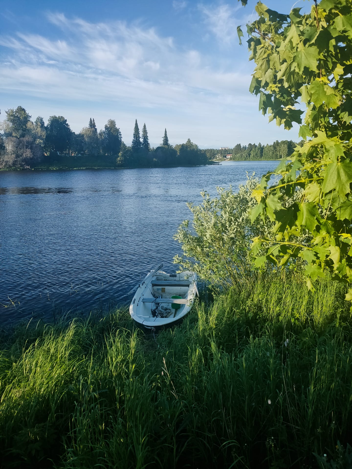 Jokimaisema, jossa etualalla soutuvene.