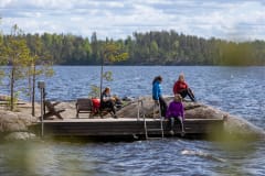 A group of friends having break on the hike